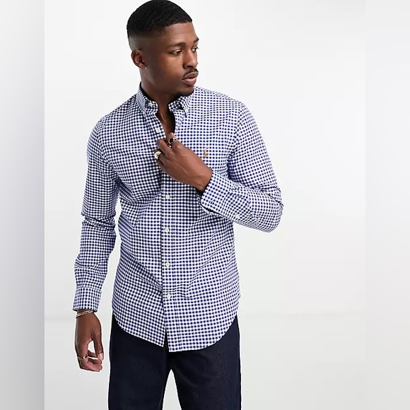 Ralph Lauren navy white gingham button down shirt yellow polo pony - Picture 1 of 13